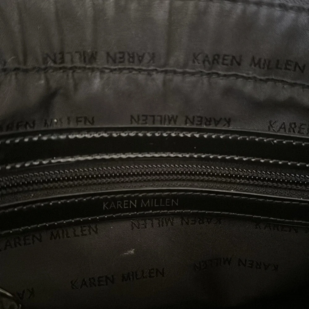 Karen Millen Black Patent Leather Structured Satchel Double Handle Tote Bag